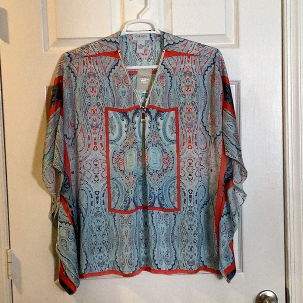 Carmen Carmen Marc Valvo Paisley Border Print Poncho Blouse - Blue/Red Combo
